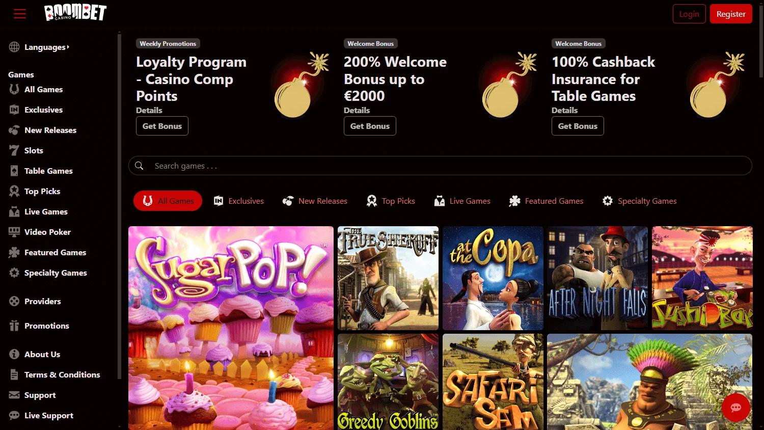 Boombet Casino desktop home screen