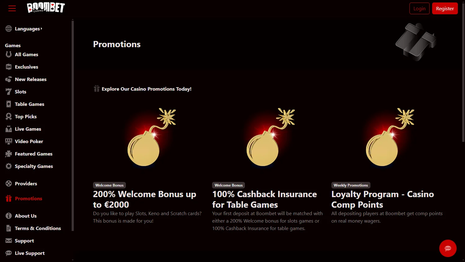 Boombet Casino desktop promotions screen